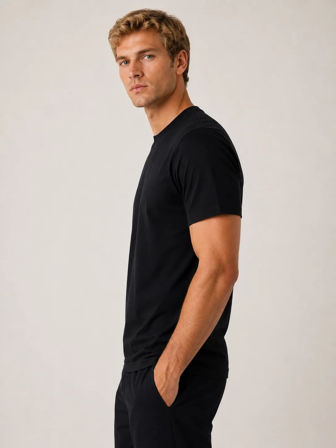 T-shirt básica preta · perfil lateral